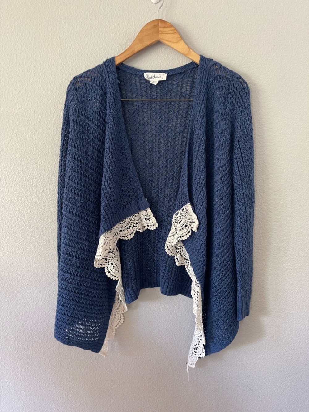 Cloud Chaser Blue Open Front Crochet Cardigan White Lace Trim Open Front XL (16)